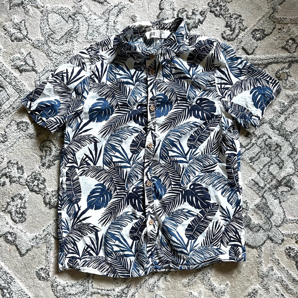 H&M Boy Palm Print Button Down Short Sleeve Shirt Sz 9-10Y